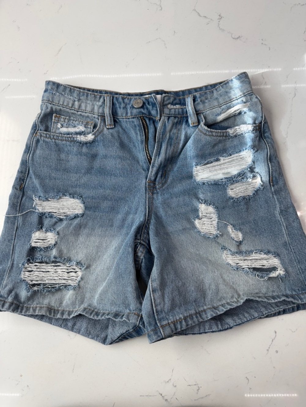 High-Waist Distressed Denim Shorts - Light Blue
